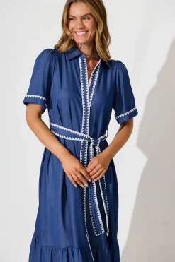 Discount Aurora Midi Shirt Dress In Blue With White Contrast Stitch Dresses|Casual
