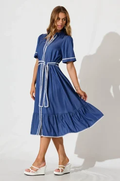 Discount Aurora Midi Shirt Dress In Blue With White Contrast Stitch Dresses|Casual