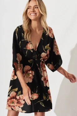 New Ava Dress In Black With Blush Floral Dresses|Casual
