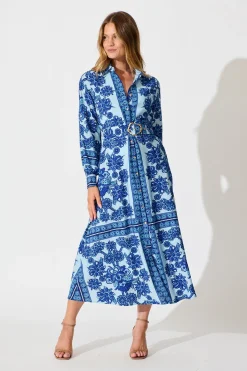 Outlet Avianna Midi Shirt Dress in Blue with Navy Border Print Dresses|Party