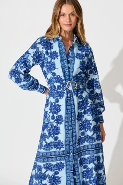 Outlet Avianna Midi Shirt Dress in Blue with Navy Border Print Dresses|Party