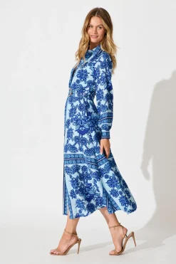 Outlet Avianna Midi Shirt Dress in Blue with Navy Border Print Dresses|Party