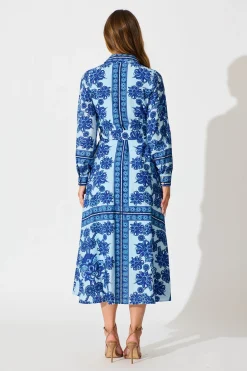 Outlet Avianna Midi Shirt Dress in Blue with Navy Border Print Dresses|Party