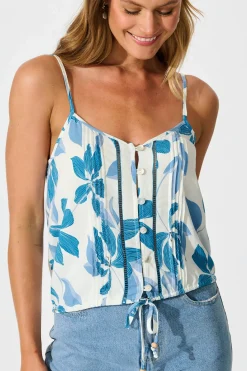 Sale Azala Cami Top In White with Blue Floral Tops|Casual