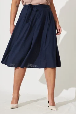 New Bailey Midi Skirt In Navy Linen Bottoms|Skirts & Shorts
