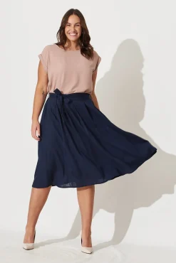 New Bailey Midi Skirt In Navy Linen Bottoms|Skirts & Shorts