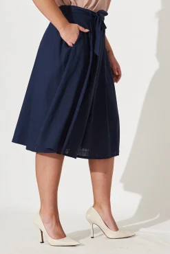 New Bailey Midi Skirt In Navy Linen Bottoms|Skirts & Shorts