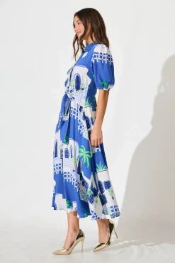 Clearance Bella Maxi Shirt Dress in Blue with White Print Dresses|Casual