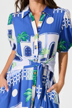 Clearance Bella Maxi Shirt Dress in Blue with White Print Dresses|Casual