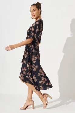 Outlet Bellerose Midi Wrap Dress In Charcoal With Apricot Floral Dresses|Casual