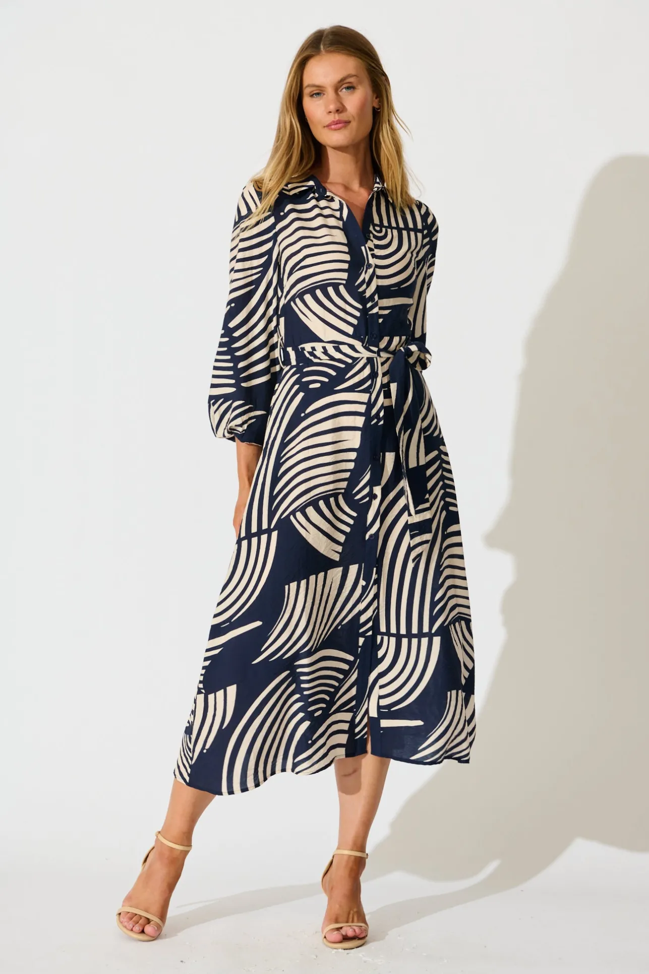 Outlet Berlina Midi Shirt Dress in Navy with Cream Linen Blend Dresses|Casual