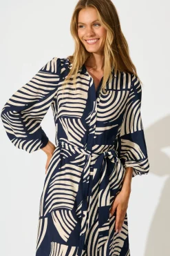 Outlet Berlina Midi Shirt Dress in Navy with Cream Linen Blend Dresses|Casual