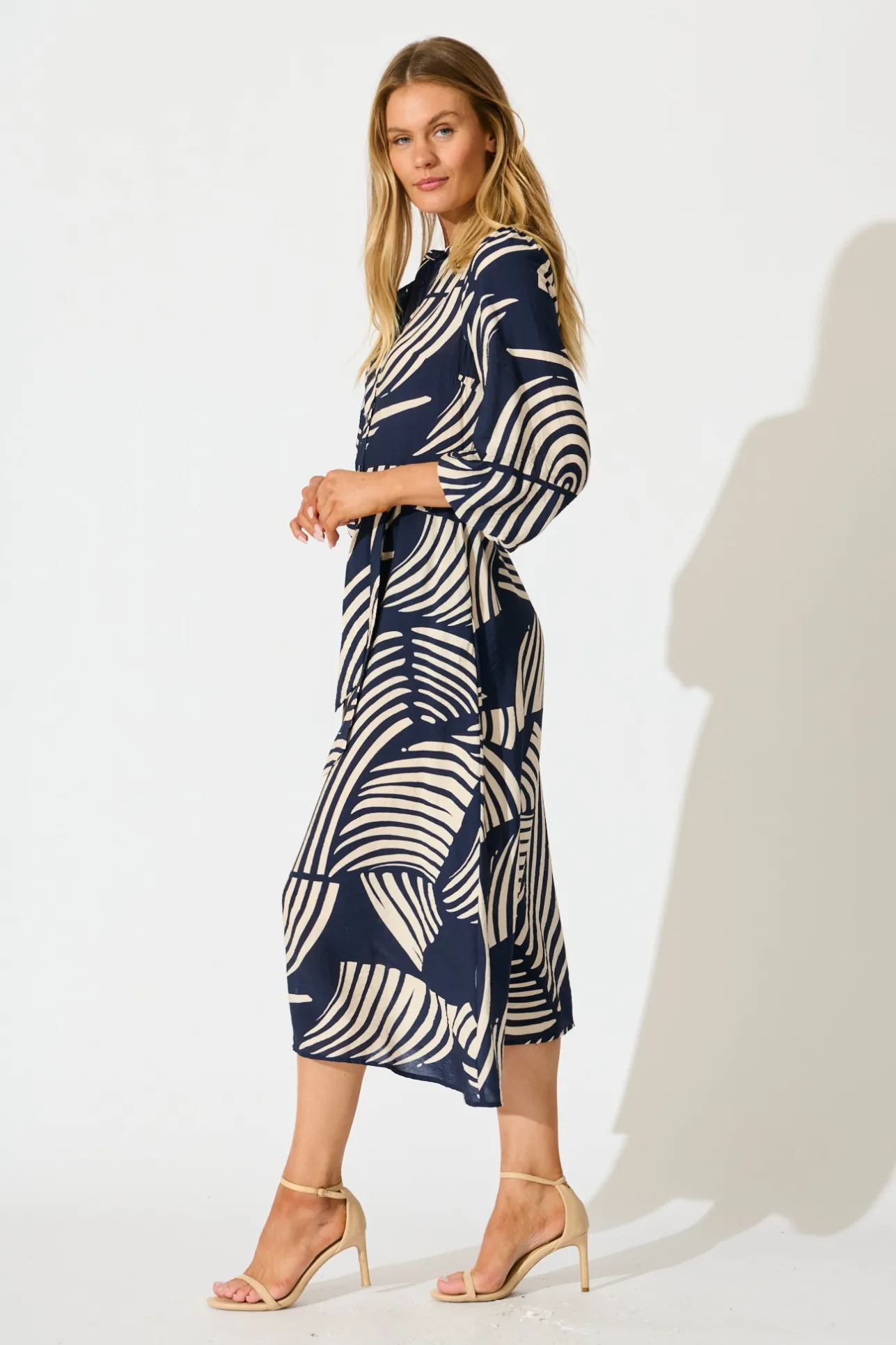 Outlet Berlina Midi Shirt Dress in Navy with Cream Linen Blend Dresses|Casual