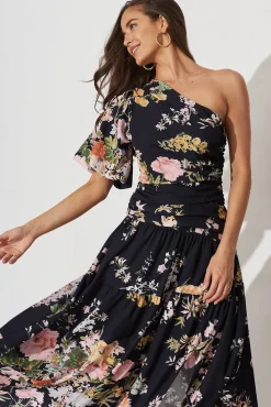 Discount Berlyn One Shoulder Maxi Dress Black With Pink Floral Dresses|Party