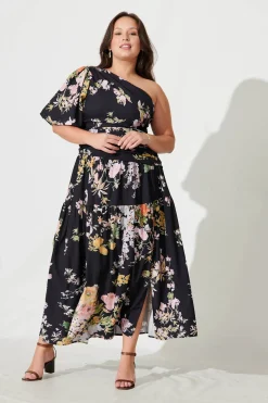 Discount Berlyn One Shoulder Maxi Dress Black With Pink Floral Dresses|Party