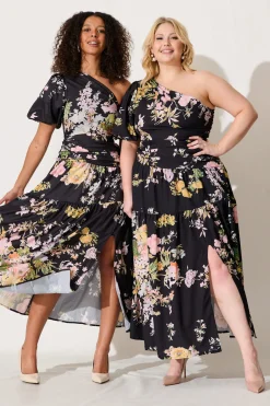 Discount Berlyn One Shoulder Maxi Dress Black With Pink Floral Dresses|Party