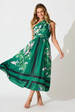 Clearance Bernadette One Shoulder Midi Dress In Emerald Print Satin Dresses|Party