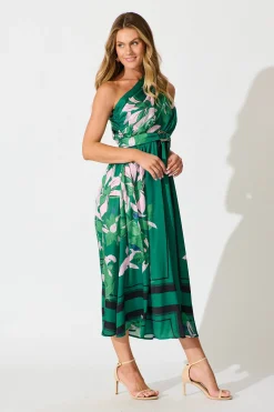 Clearance Bernadette One Shoulder Midi Dress In Emerald Print Satin Dresses|Party