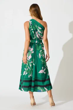 Clearance Bernadette One Shoulder Midi Dress In Emerald Print Satin Dresses|Party