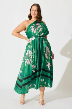 Clearance Bernadette One Shoulder Midi Dress In Emerald Print Satin Dresses|Party