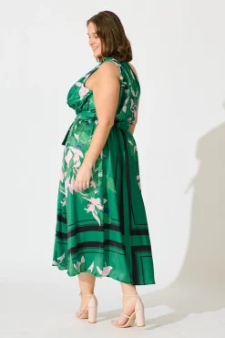 Clearance Bernadette One Shoulder Midi Dress In Emerald Print Satin Dresses|Party