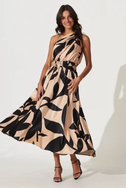 Hot Bernadette One Shoulder Midi Dress In Brown With Black Print Satin Dresses|Formal