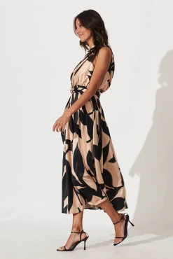 Hot Bernadette One Shoulder Midi Dress In Brown With Black Print Satin Dresses|Formal