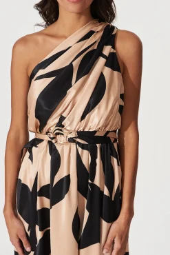 Hot Bernadette One Shoulder Midi Dress In Brown With Black Print Satin Dresses|Formal