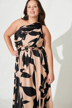 Hot Bernadette One Shoulder Midi Dress In Brown With Black Print Satin Dresses|Formal