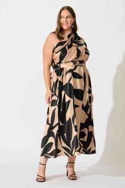 Hot Bernadette One Shoulder Midi Dress In Brown With Black Print Satin Dresses|Formal