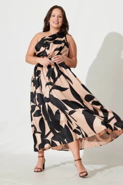 Hot Bernadette One Shoulder Midi Dress In Brown With Black Print Satin Dresses|Formal