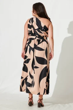 Hot Bernadette One Shoulder Midi Dress In Brown With Black Print Satin Dresses|Formal