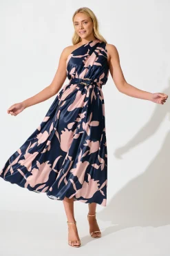 New Bernadette One Shoulder Midi Dress in Navy with Mocha Satin Dresses|Party
