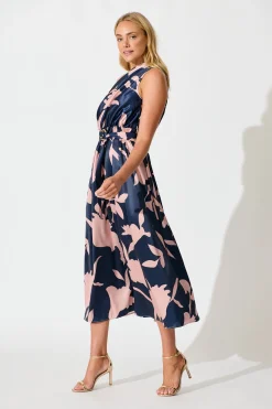 New Bernadette One Shoulder Midi Dress in Navy with Mocha Satin Dresses|Party