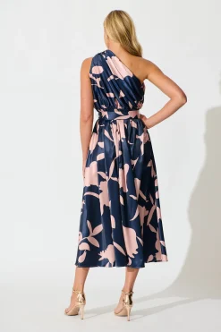 New Bernadette One Shoulder Midi Dress in Navy with Mocha Satin Dresses|Party