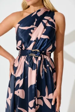 New Bernadette One Shoulder Midi Dress in Navy with Mocha Satin Dresses|Party
