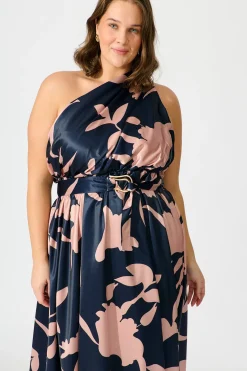 New Bernadette One Shoulder Midi Dress in Navy with Mocha Satin Dresses|Party