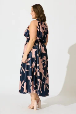 New Bernadette One Shoulder Midi Dress in Navy with Mocha Satin Dresses|Party