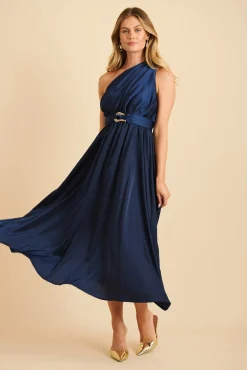 New Bernadette One Shoulder Midi Dress In Navy Satin Dresses|Formal