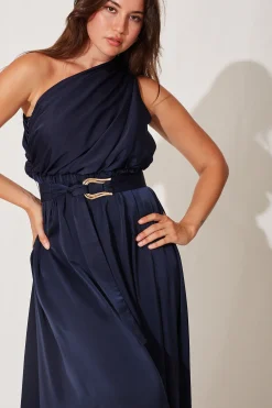 New Bernadette One Shoulder Midi Dress In Navy Satin Dresses|Formal