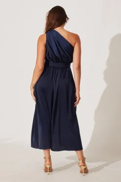 New Bernadette One Shoulder Midi Dress In Navy Satin Dresses|Formal