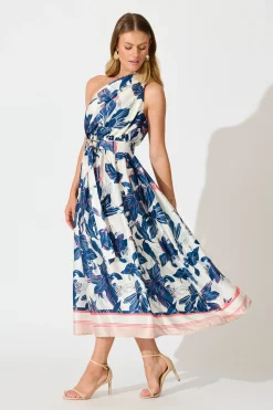 Sale Bernadette One Shoulder Midi Dress In Navy Floral Satin Dresses|Party