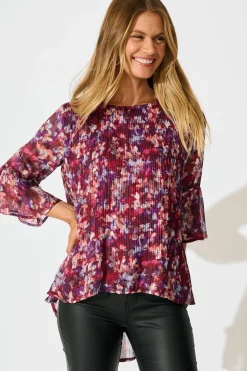 New Bettina Top in Wine Floral Plisse Tops|Workwear