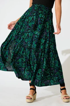 Best Bilboa Maxi Skirt in Emerald with Green and Blue Floral Bottoms|Skirts & Shorts