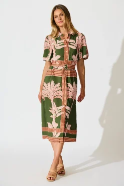 New Bittersweet Midi Shirt Dress in Khaki Placement Print Dresses|Casual