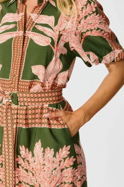 New Bittersweet Midi Shirt Dress in Khaki Placement Print Dresses|Casual