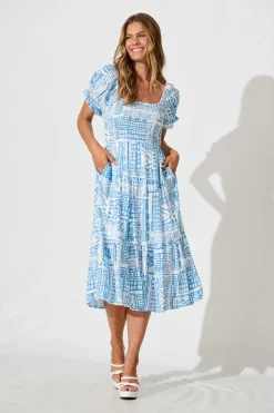 Discount Blythe Midi Dress in Blue with White Print Dresses|Casual