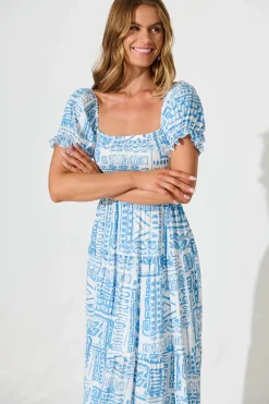Discount Blythe Midi Dress in Blue with White Print Dresses|Casual