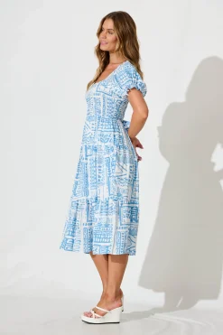 Discount Blythe Midi Dress in Blue with White Print Dresses|Casual
