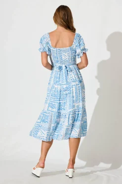 Discount Blythe Midi Dress in Blue with White Print Dresses|Casual